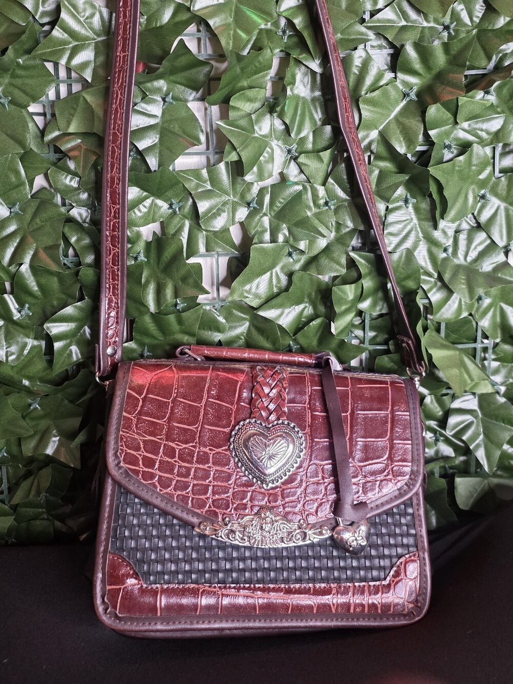 Brighton Women’s Burgundy Croc-Embossed Heart Accent Crossbody Bag
